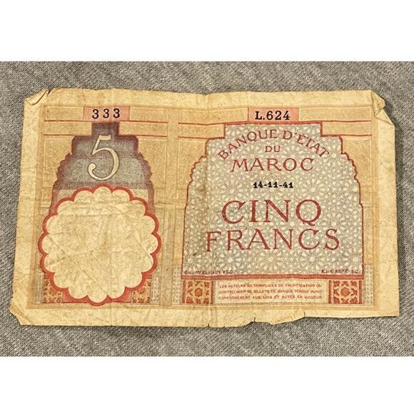 5 Cinq Francs Morocco Banknote Currency Paper Money 1941 - Picture 1 of 2
